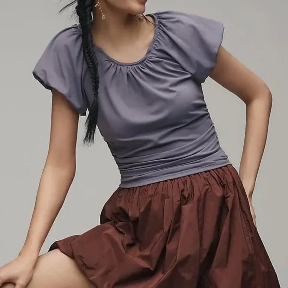 Anthropologie Ruched Puff Short Sleeve Blouse Top